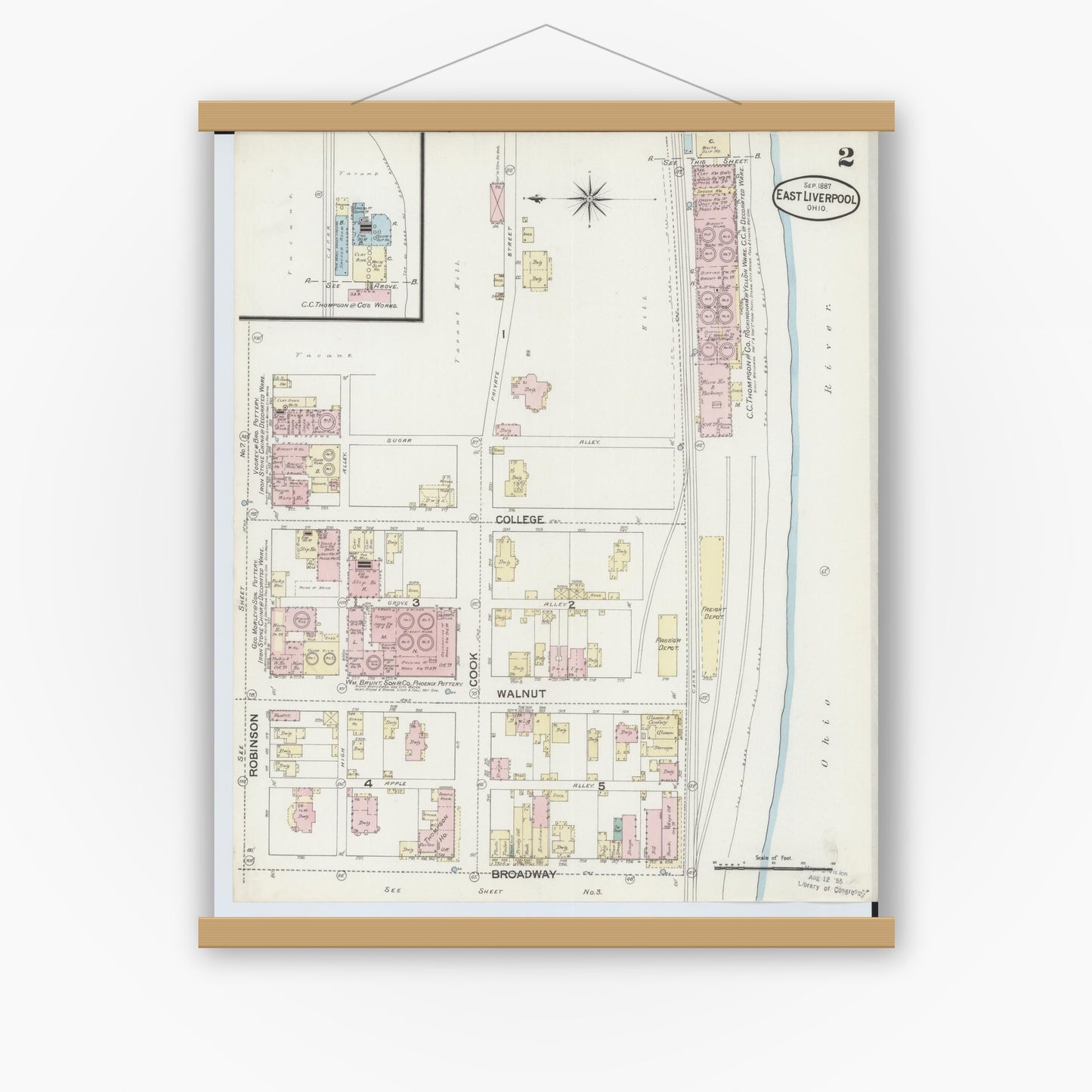 Old map wall art mockup — magnetic wood frame on white wall — Sanborn Fire Insurance Map from East Liverpool, Columbiana County, Ohio (1887), Sheet #0002