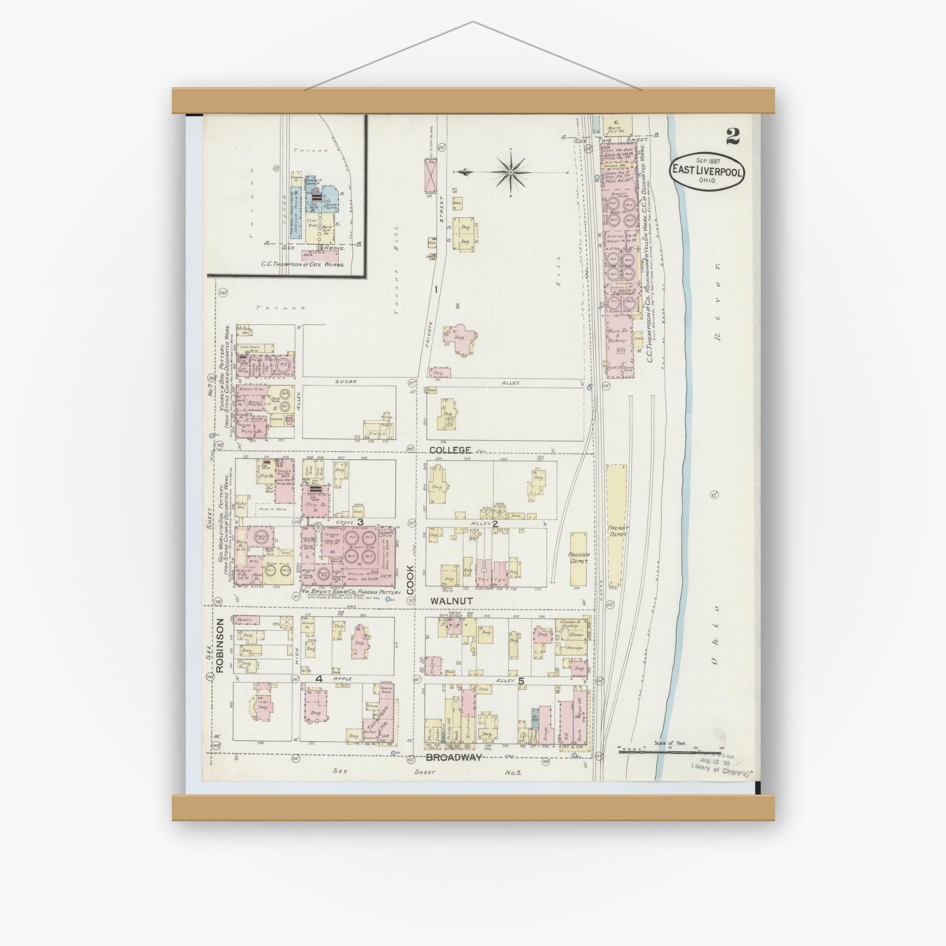 Old map wall art mockup — magnetic wood frame on white wall — Sanborn Fire Insurance Map from East Liverpool, Columbiana County, Ohio (1887), Sheet #0002