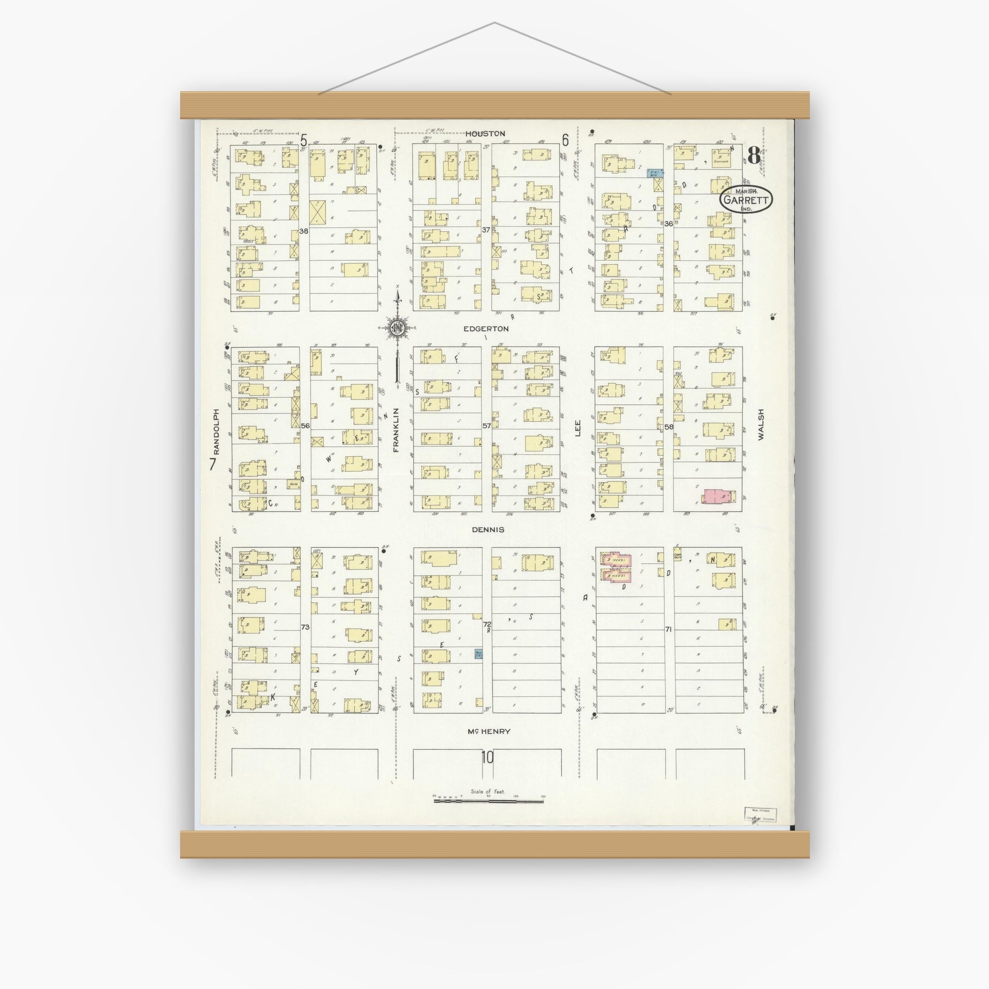 Old map wall art mockup — magnetic wood frame on white wall — Sanborn Fire Insurance Map from Garrett, De Kalb County, Indiana (1914), Sheet #0008