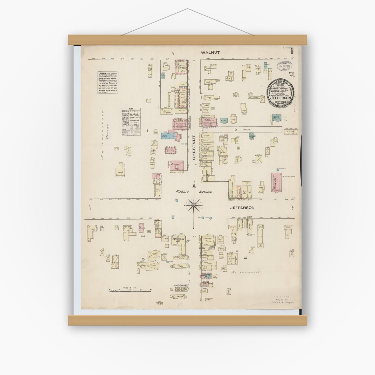 Old map wall art mockup — magnetic wood frame on white wall — Sanborn Fire Insurance Map from Jefferson, Ashtabula County, Ohio (1884) - Complete Map Set