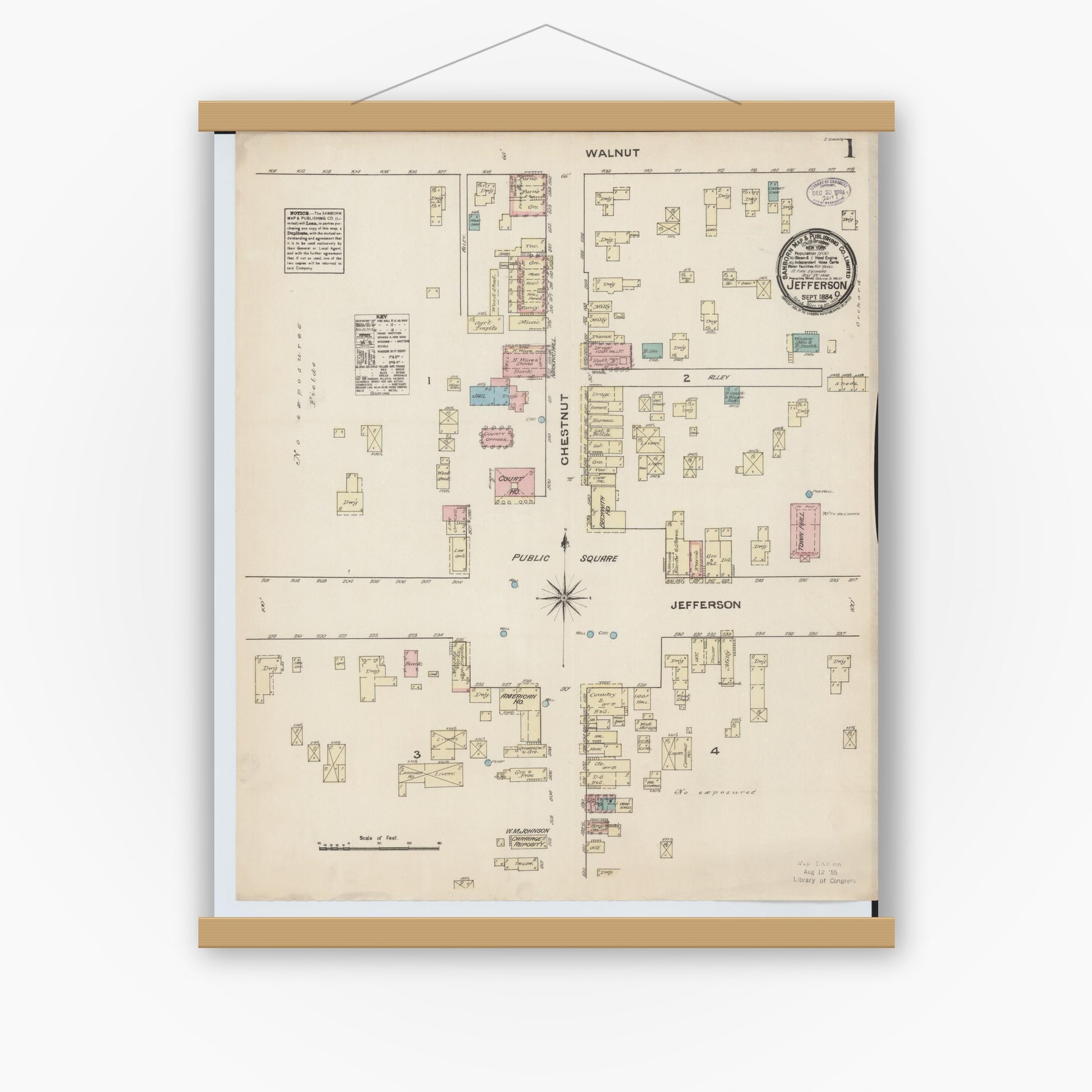 Old map wall art mockup — magnetic wood frame on white wall — Sanborn Fire Insurance Map from Jefferson, Ashtabula County, Ohio (1884) - Complete Map Set