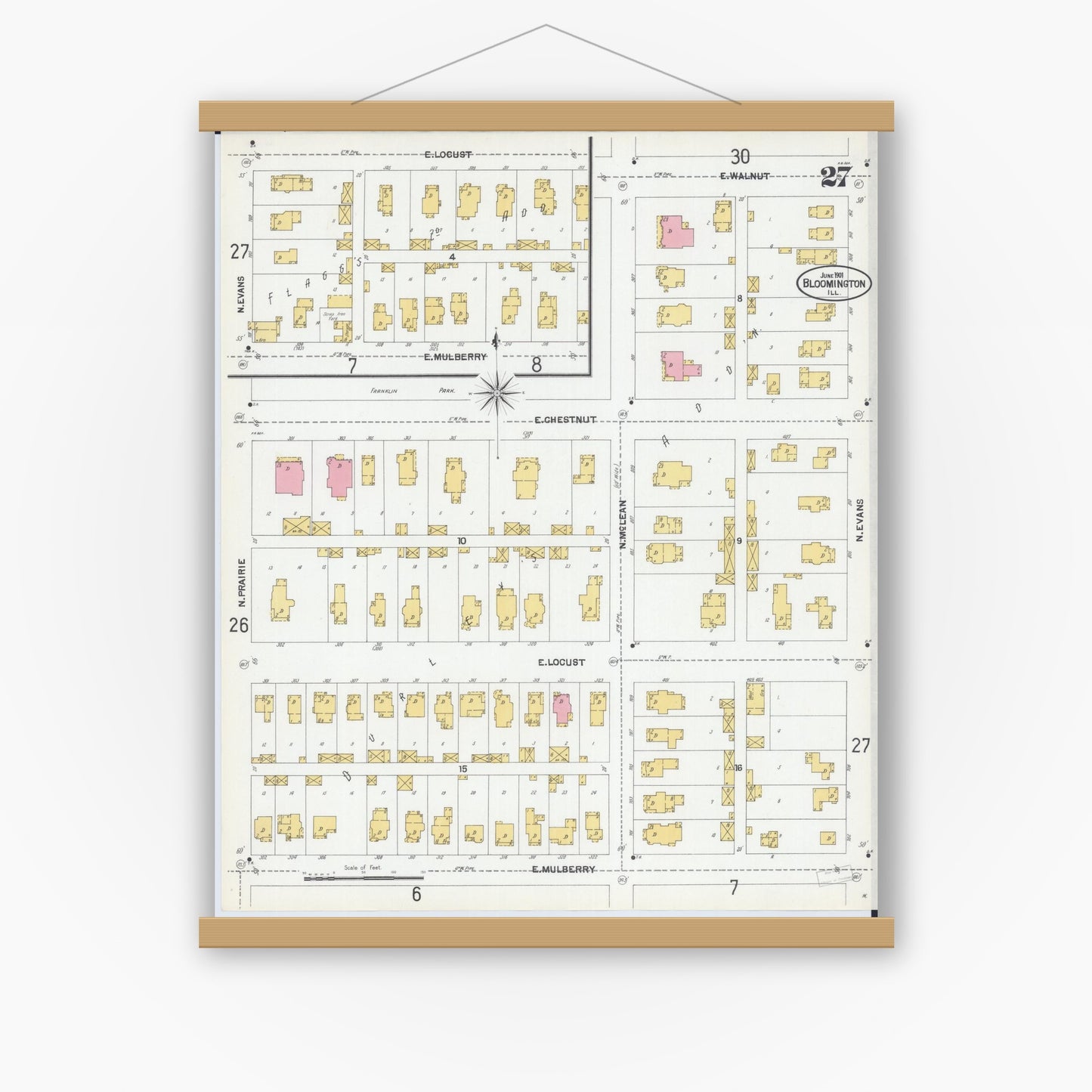 Old map wall art mockup — magnetic wood frame on white wall — Sanborn Fire Insurance Map from Bloomington, McLean County, Illinois (1901), Sheet #0027