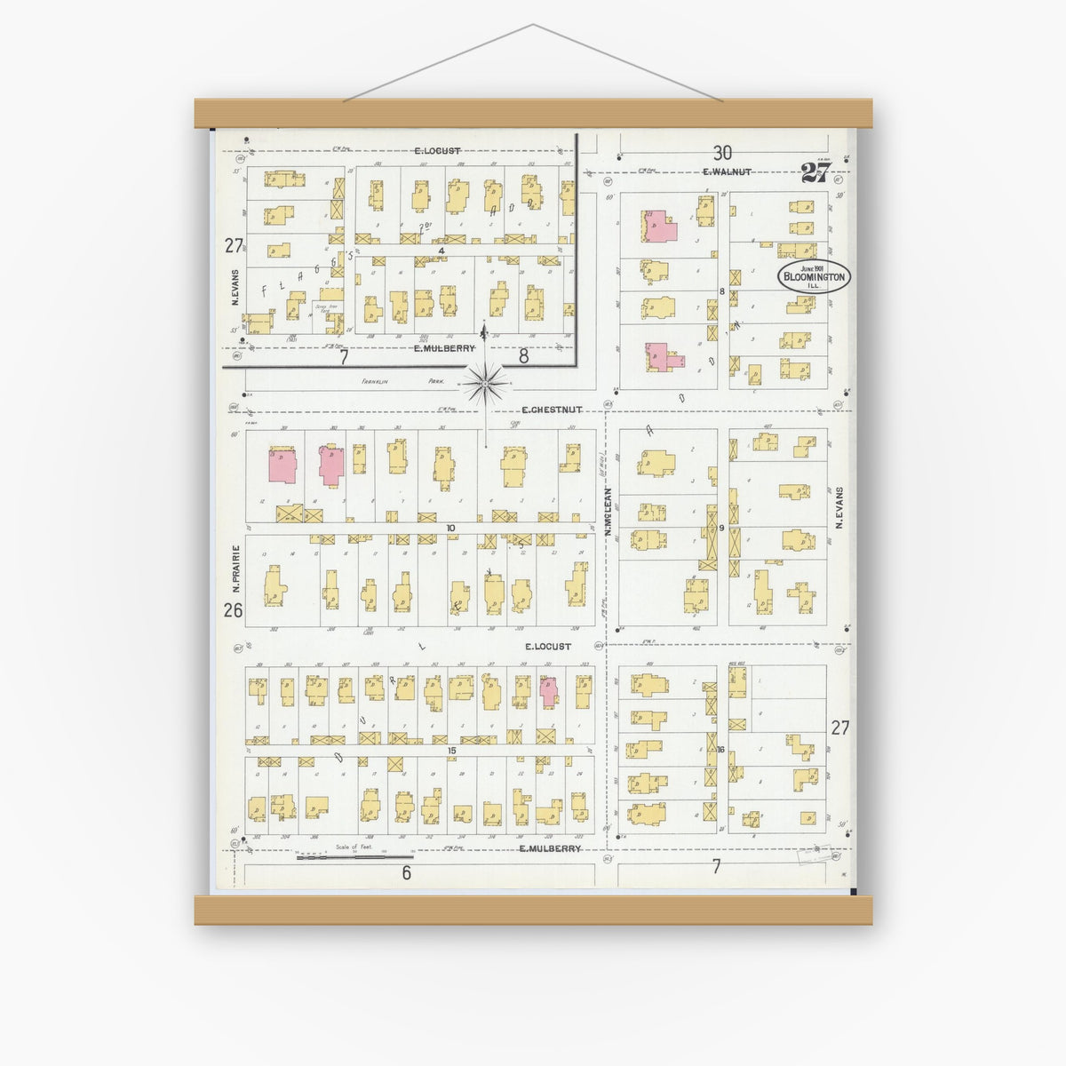 Old map wall art mockup — magnetic wood frame on white wall — Sanborn Fire Insurance Map from Bloomington, McLean County, Illinois (1901), Sheet #0027
