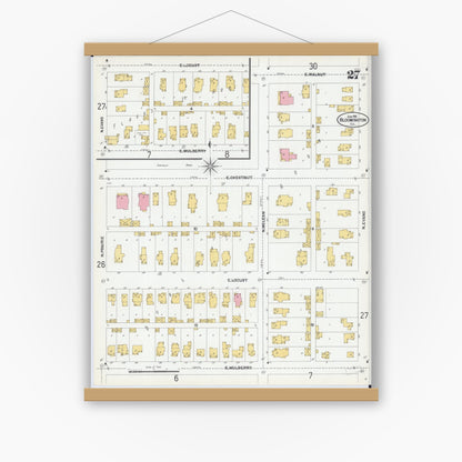 Old map wall art mockup — magnetic wood frame on white wall — Sanborn Fire Insurance Map from Bloomington, McLean County, Illinois (1901), Sheet #0027