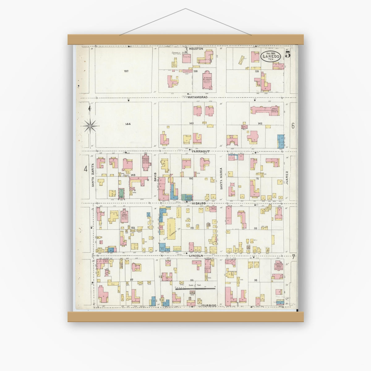 Old map wall art mockup — magnetic wood frame on white wall — Sanborn Fire Insurance Map from Laredo, Webb County, Texas (1905), Sheet #0005