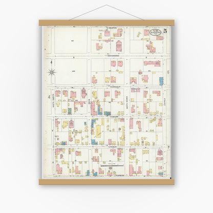 Old map wall art mockup — magnetic wood frame on white wall — Sanborn Fire Insurance Map from Laredo, Webb County, Texas (1905), Sheet #0005