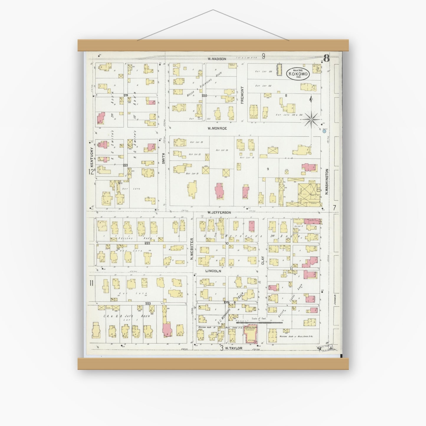 Old map wall art mockup — magnetic wood frame on white wall — Sanborn Fire Insurance Map from Kokomo, Howard County, Indiana (1902), Sheet #0008