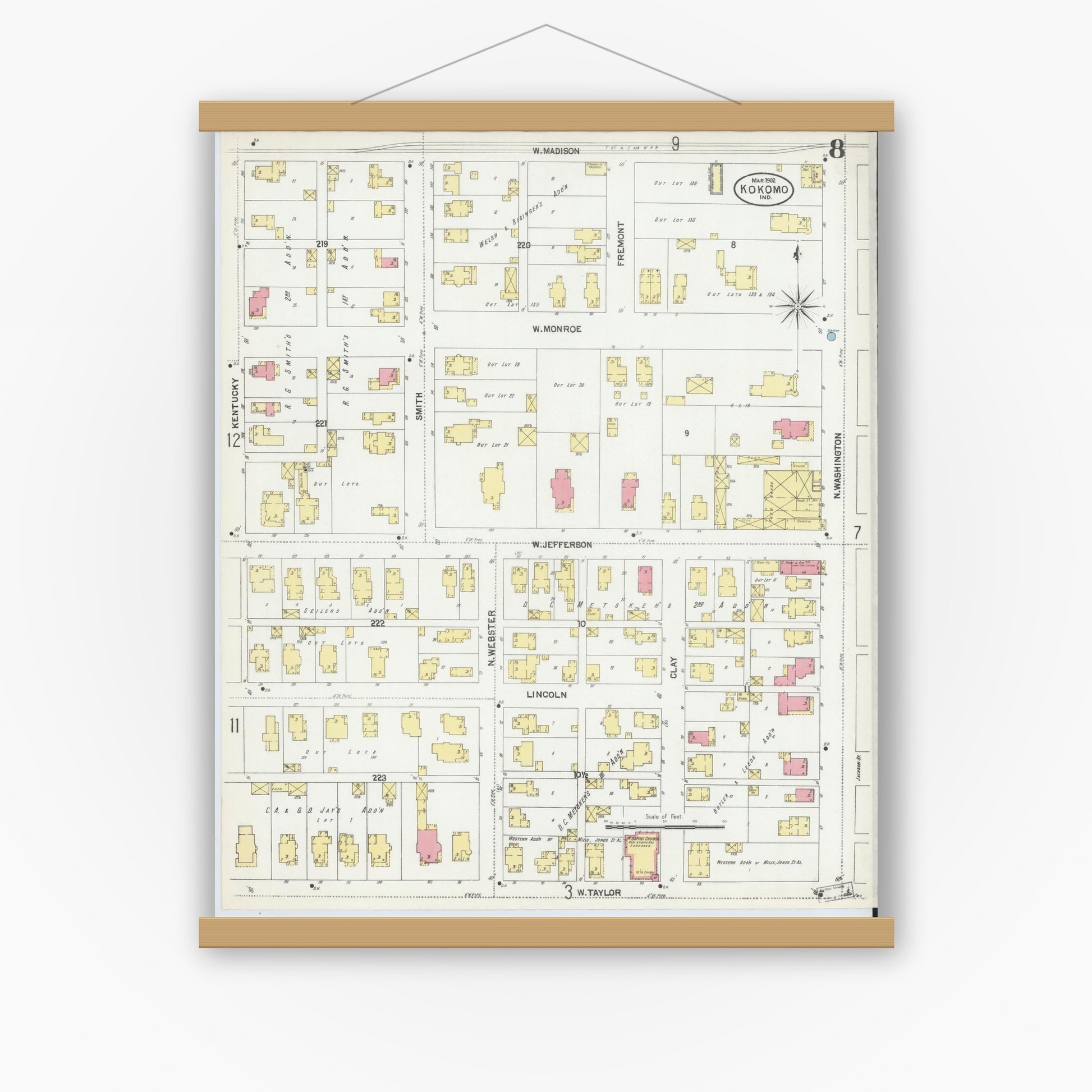 Old map wall art mockup — magnetic wood frame on white wall — Sanborn Fire Insurance Map from Kokomo, Howard County, Indiana (1902), Sheet #0008