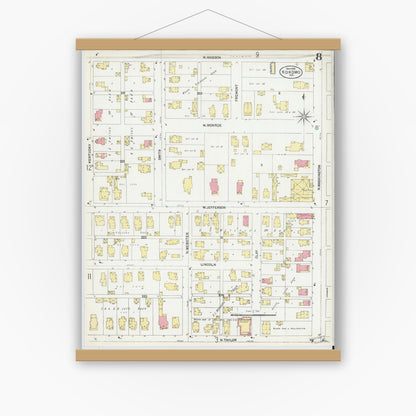 Old map wall art mockup — magnetic wood frame on white wall — Sanborn Fire Insurance Map from Kokomo, Howard County, Indiana (1902), Sheet #0008