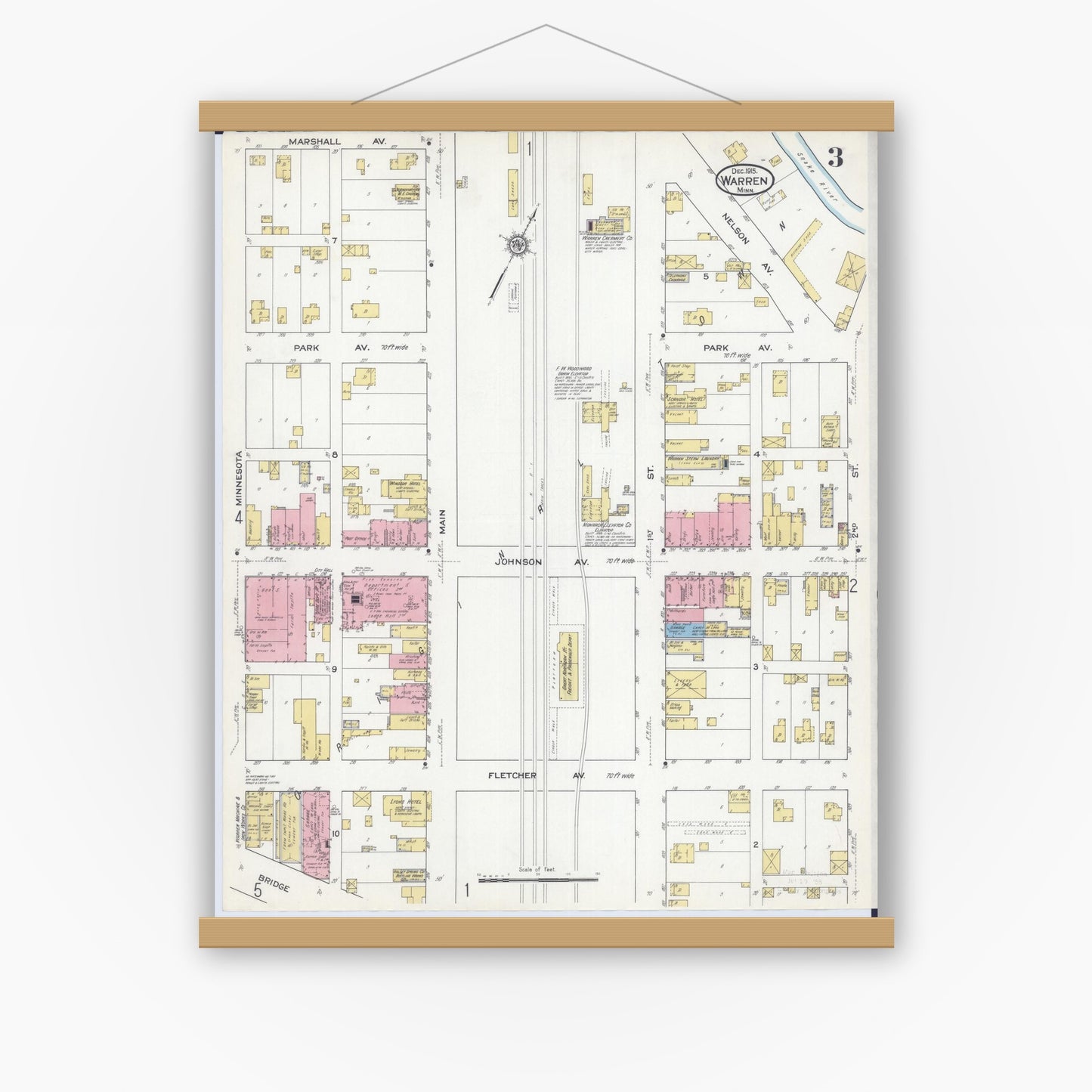 Old map wall art mockup — magnetic wood frame on white wall — Sanborn Fire Insurance Map from Warren, Marshall County, Minnesota (1915), Sheet #0003