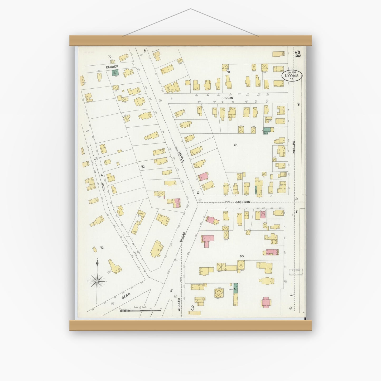 Old map wall art mockup — magnetic wood frame on white wall — Sanborn Fire Insurance Map from Lyons, Wayne County, New York (1899) - Complete Map Set