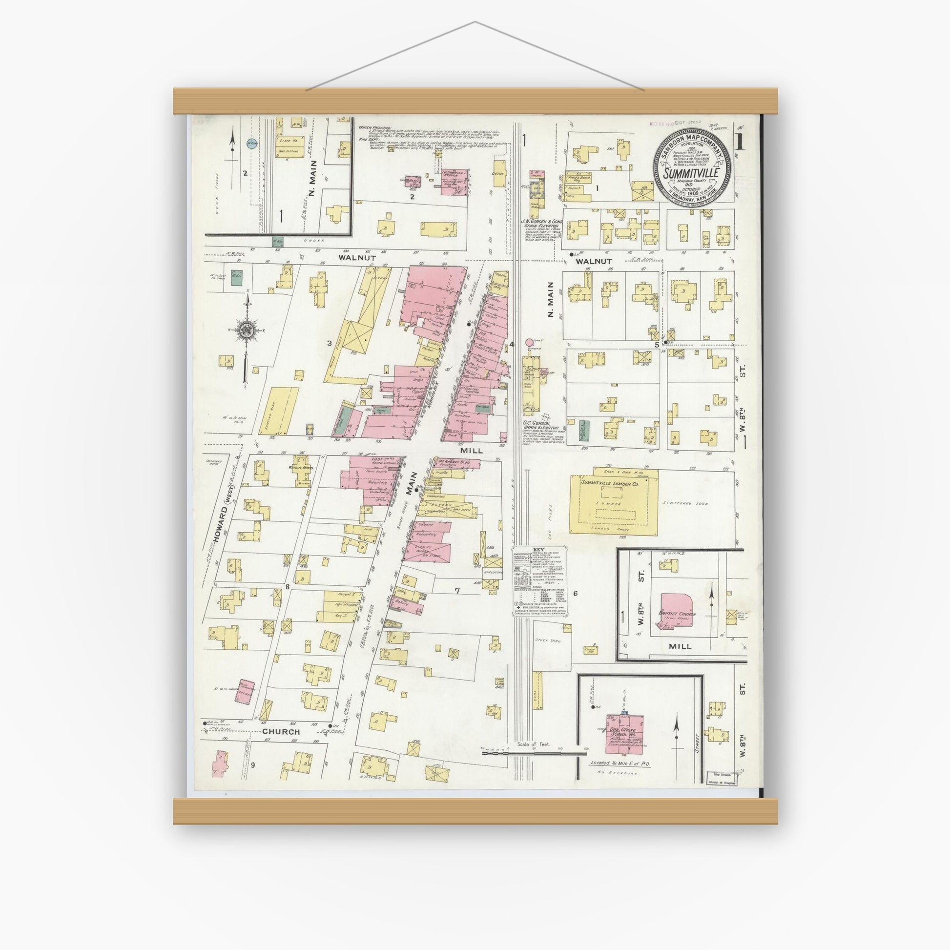 Old map wall art mockup — magnetic wood frame on white wall — Sanborn Fire Insurance Map from Summitville, Madison County, Indiana (1909) - Complete Map Set