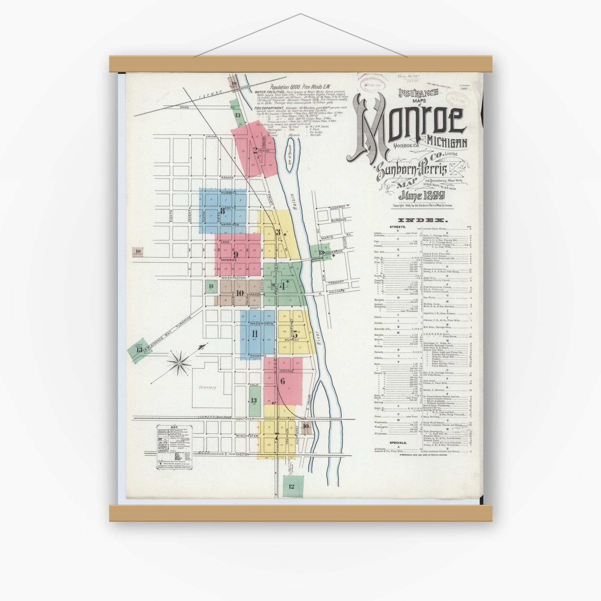 Old map wall art mockup — magnetic wood frame on white wall — Sanborn Fire Insurance Map from Monroe, Monroe County, Michigan (1899), Sheet #0001
