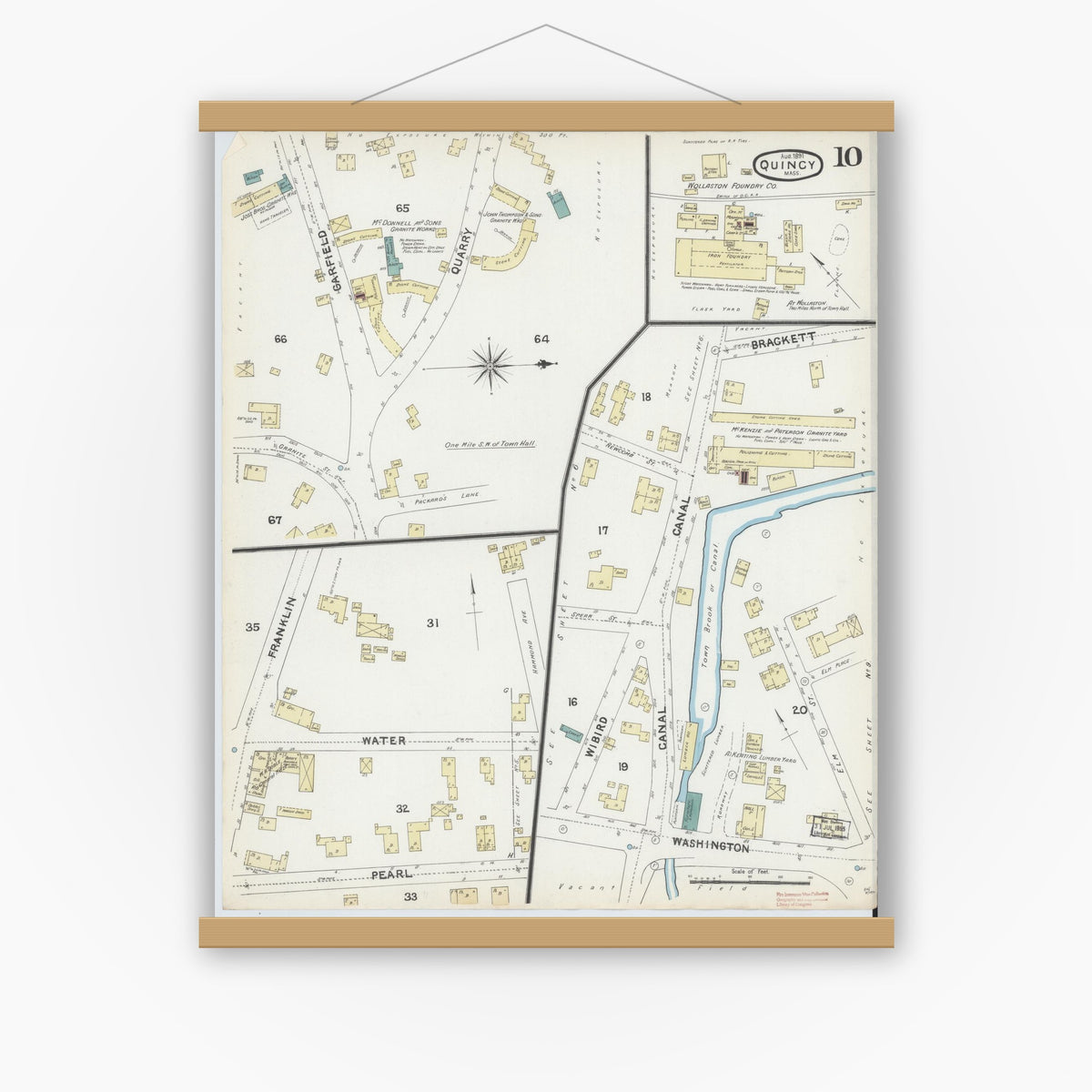Old map wall art mockup — magnetic wood frame on white wall — Sanborn Fire Insurance Map from Quincy, Norfolk County, Massachusetts (1891), Sheet #0010
