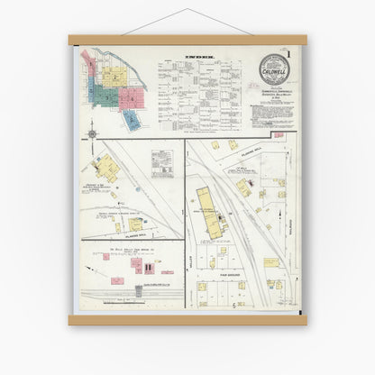 Old map wall art mockup — magnetic wood frame on white wall — Sanborn Fire Insurance Map from Caldwell, Noble County, Ohio (1911), Sheet #0001