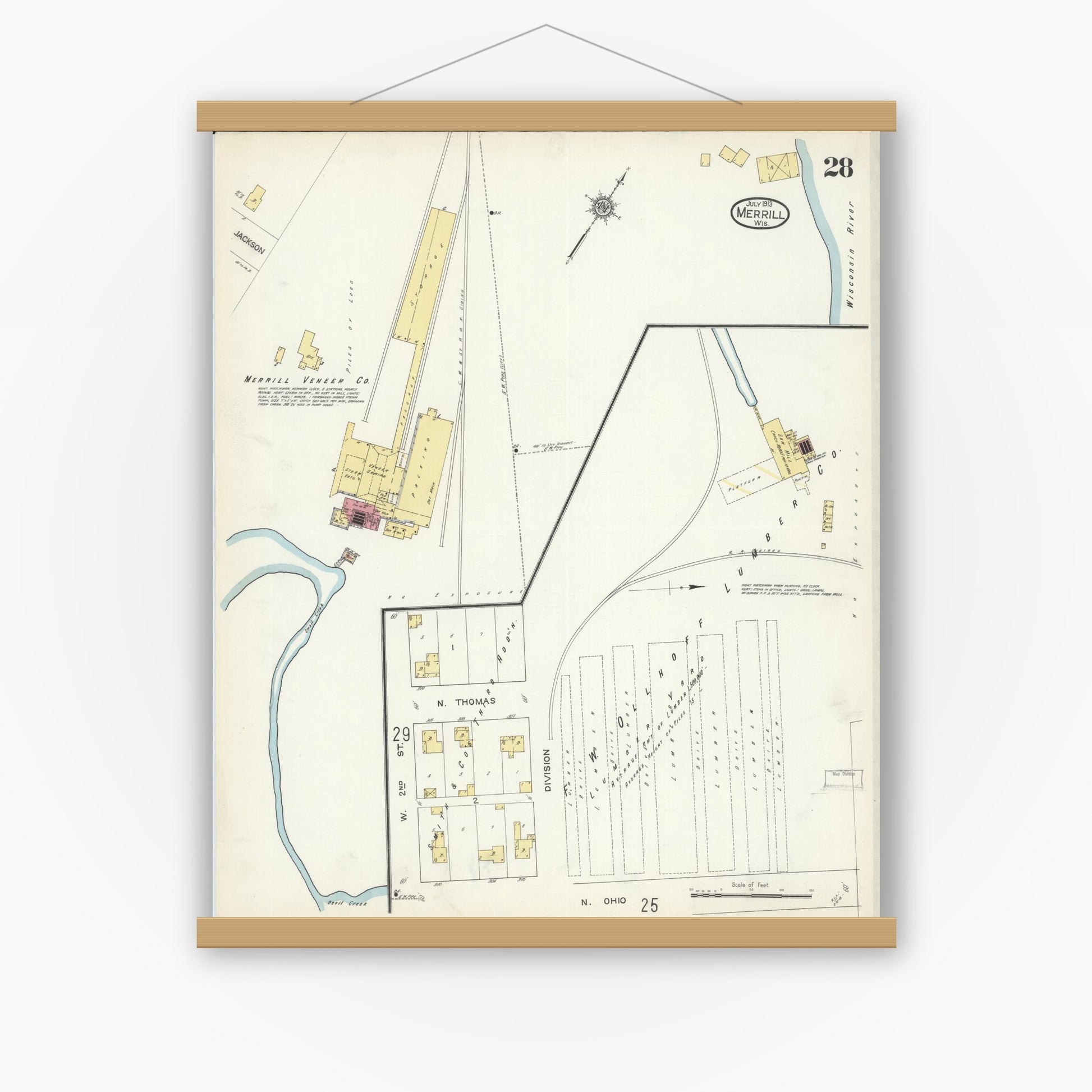 Old map wall art mockup — magnetic wood frame on white wall — Sanborn Fire Insurance Map from Merrill, Lincoln County, Wisconsin (1913), Sheet #0028