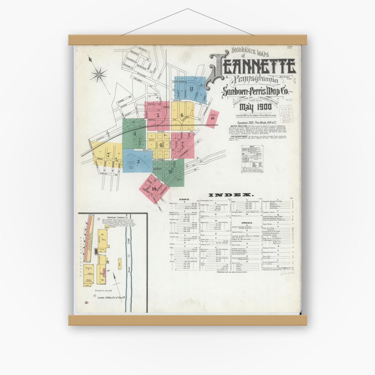 Old map wall art mockup — magnetic wood frame on white wall — Sanborn Fire Insurance Map from Jeannette, Westmoreland County, Pennsylvania (1900), Sheet #0001