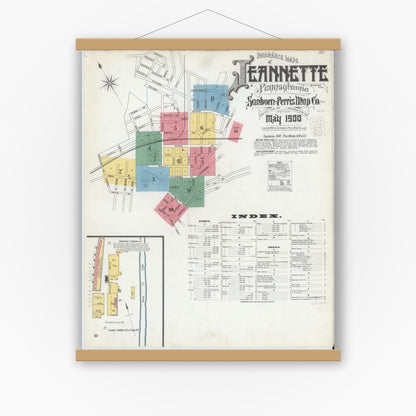 Old map wall art mockup — magnetic wood frame on white wall — Sanborn Fire Insurance Map from Jeannette, Westmoreland County, Pennsylvania (1900), Sheet #0001