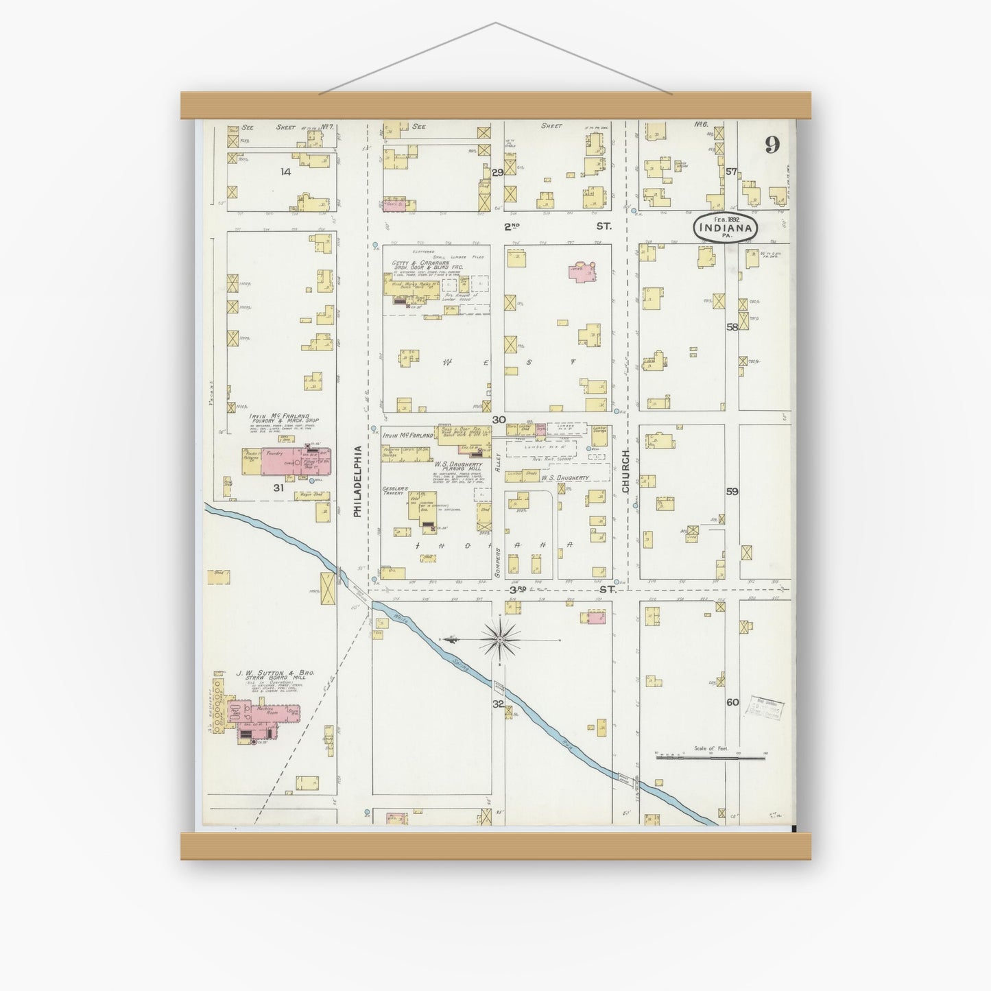 Old map wall art mockup — magnetic wood frame on white wall — Sanborn Fire Insurance Map from Indiana, Indiana County, Pennsylvania (1892), Sheet #0009