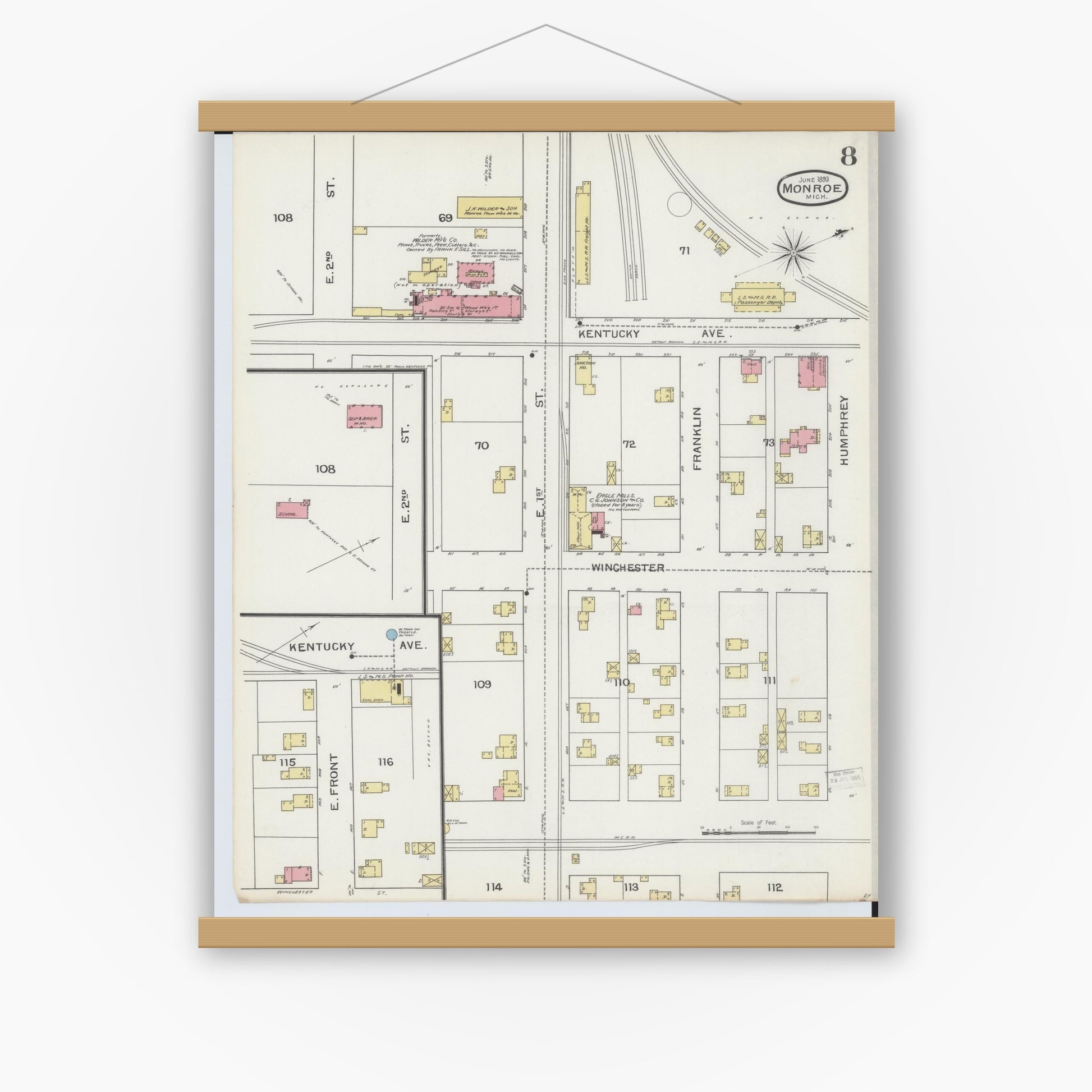 Old map wall art mockup — magnetic wood frame on white wall — Sanborn Fire Insurance Map from Monroe, Monroe County, Michigan (1893), Sheet #0008