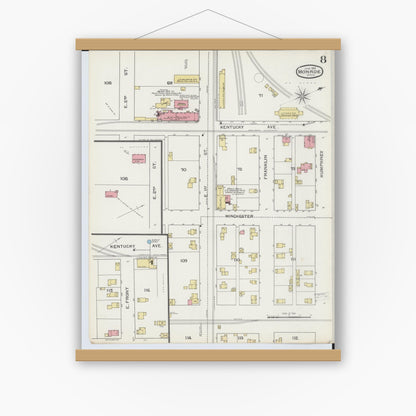 Old map wall art mockup — magnetic wood frame on white wall — Sanborn Fire Insurance Map from Monroe, Monroe County, Michigan (1893), Sheet #0008