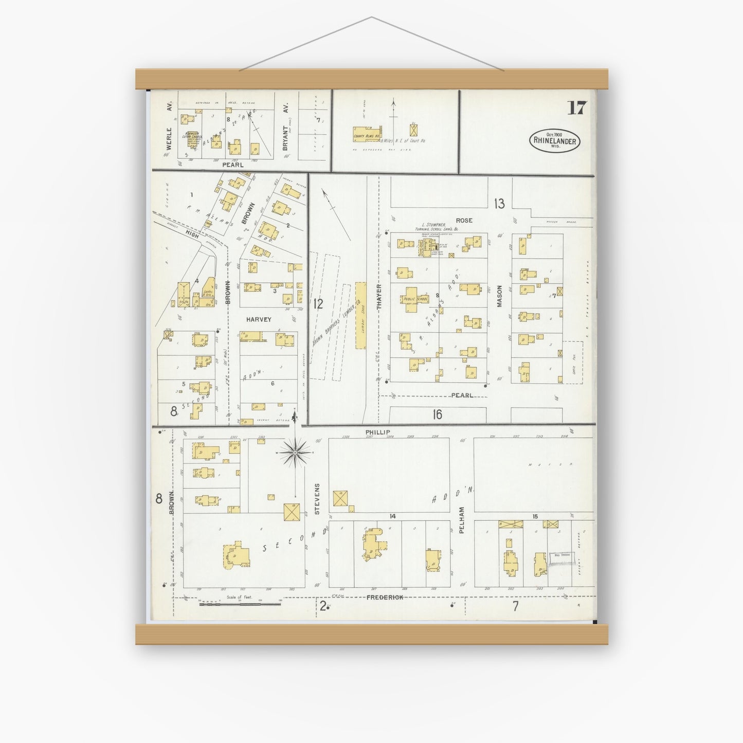 Old map wall art mockup — magnetic wood frame on white wall — Sanborn Fire Insurance Map from Rhinelander, Oneida County, Wisconsin (1900), Sheet #0017
