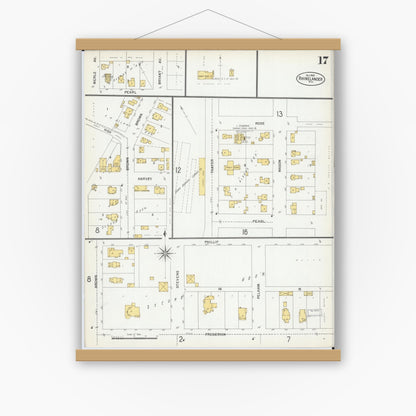 Old map wall art mockup — magnetic wood frame on white wall — Sanborn Fire Insurance Map from Rhinelander, Oneida County, Wisconsin (1900), Sheet #0017