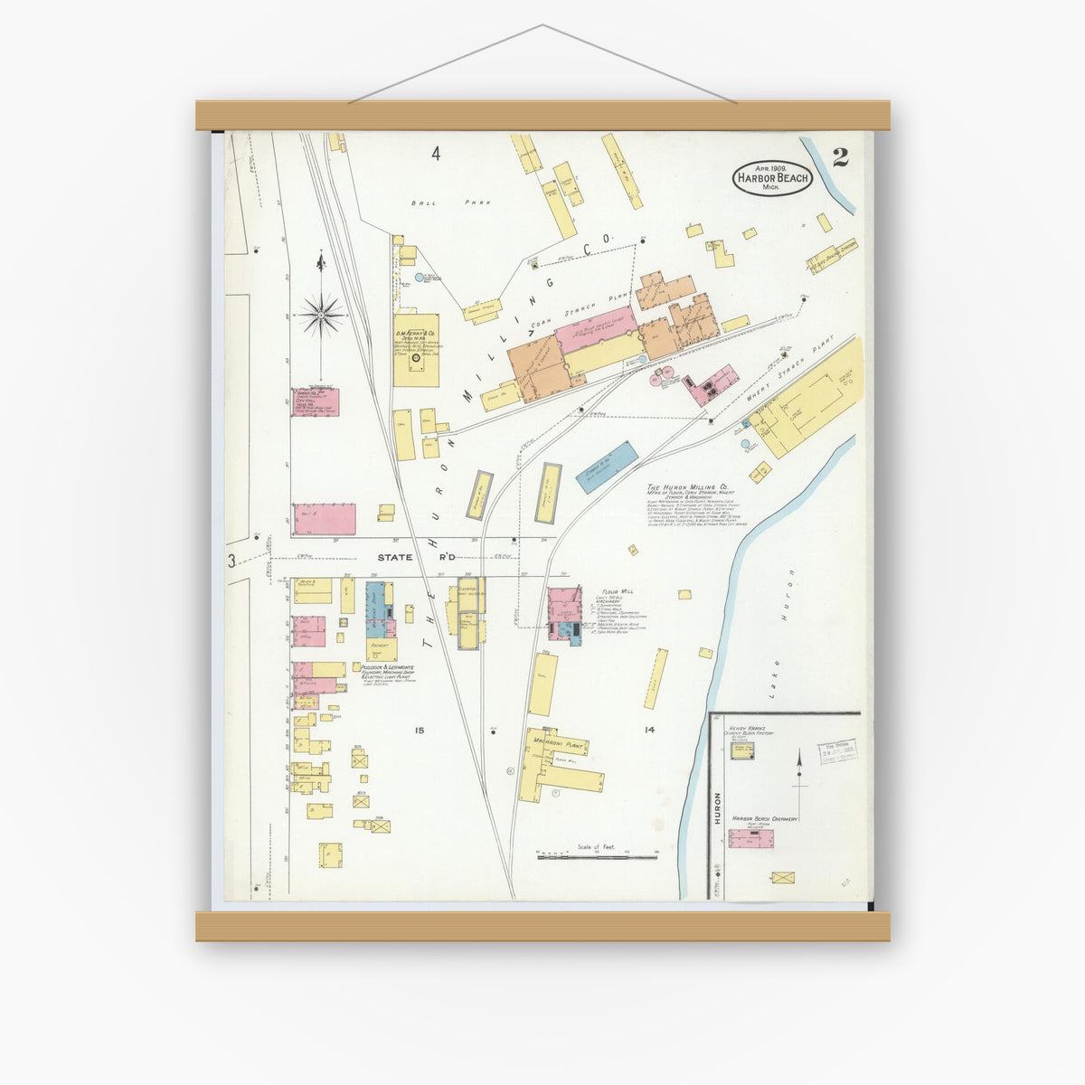 Old map wall art mockup — magnetic wood frame on white wall — Sanborn Fire Insurance Map from Harbor Beach, Huron County, Michigan (1909), Sheet #0002