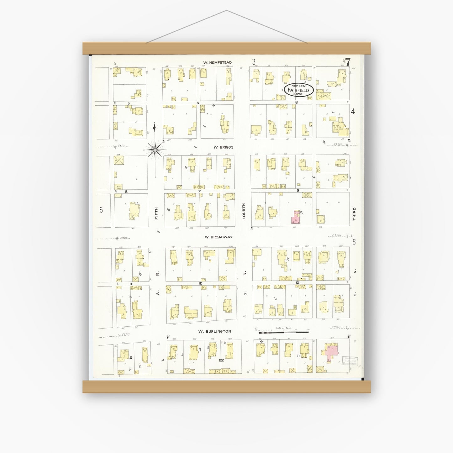 Old map wall art mockup — magnetic wood frame on white wall — Sanborn Fire Insurance Map from Fairfield, Jefferson County, Iowa (1907), Sheet #0007