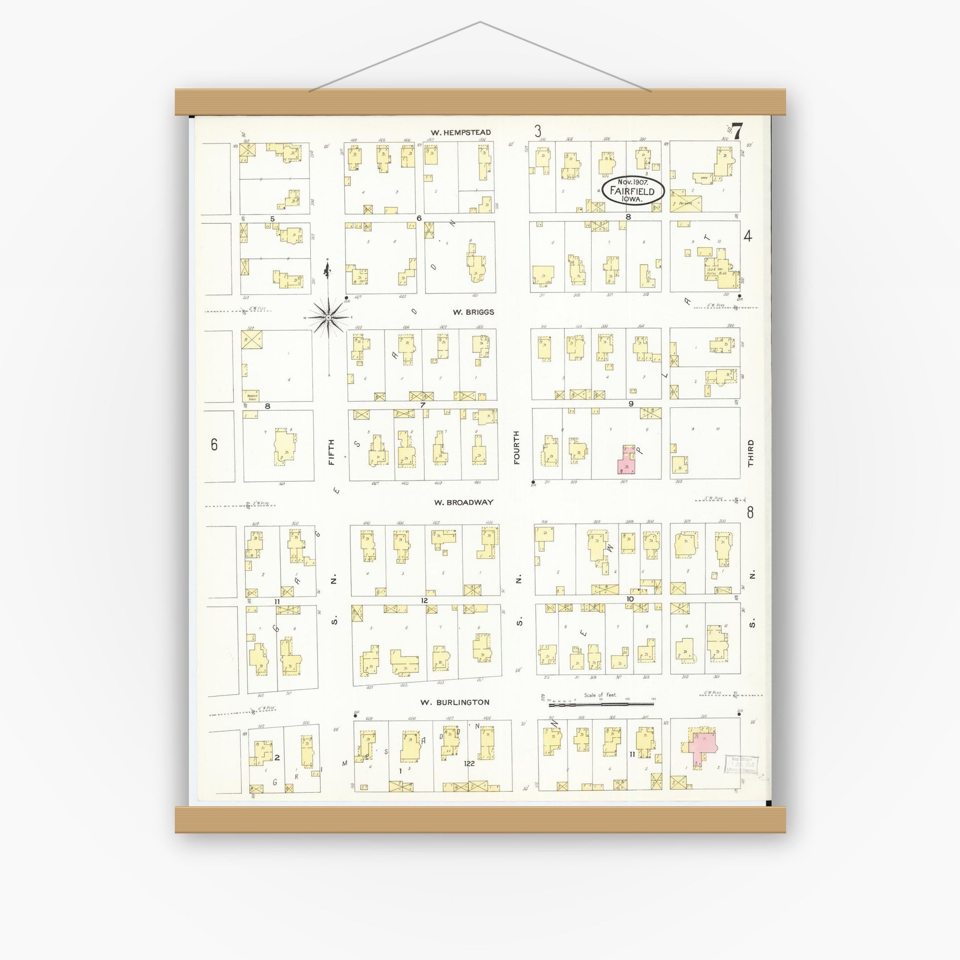 Old map wall art mockup — magnetic wood frame on white wall — Sanborn Fire Insurance Map from Fairfield, Jefferson County, Iowa (1907), Sheet #0007