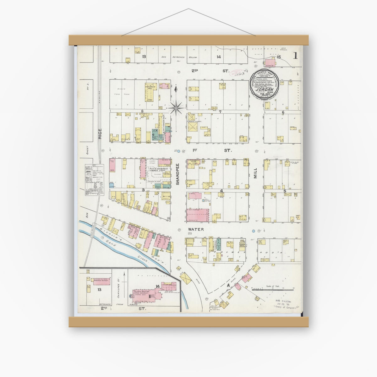 Old map wall art mockup — magnetic wood frame on white wall — Sanborn Fire Insurance Map from Jordan, Scott County, Minnesota (1892), Sheet #0001