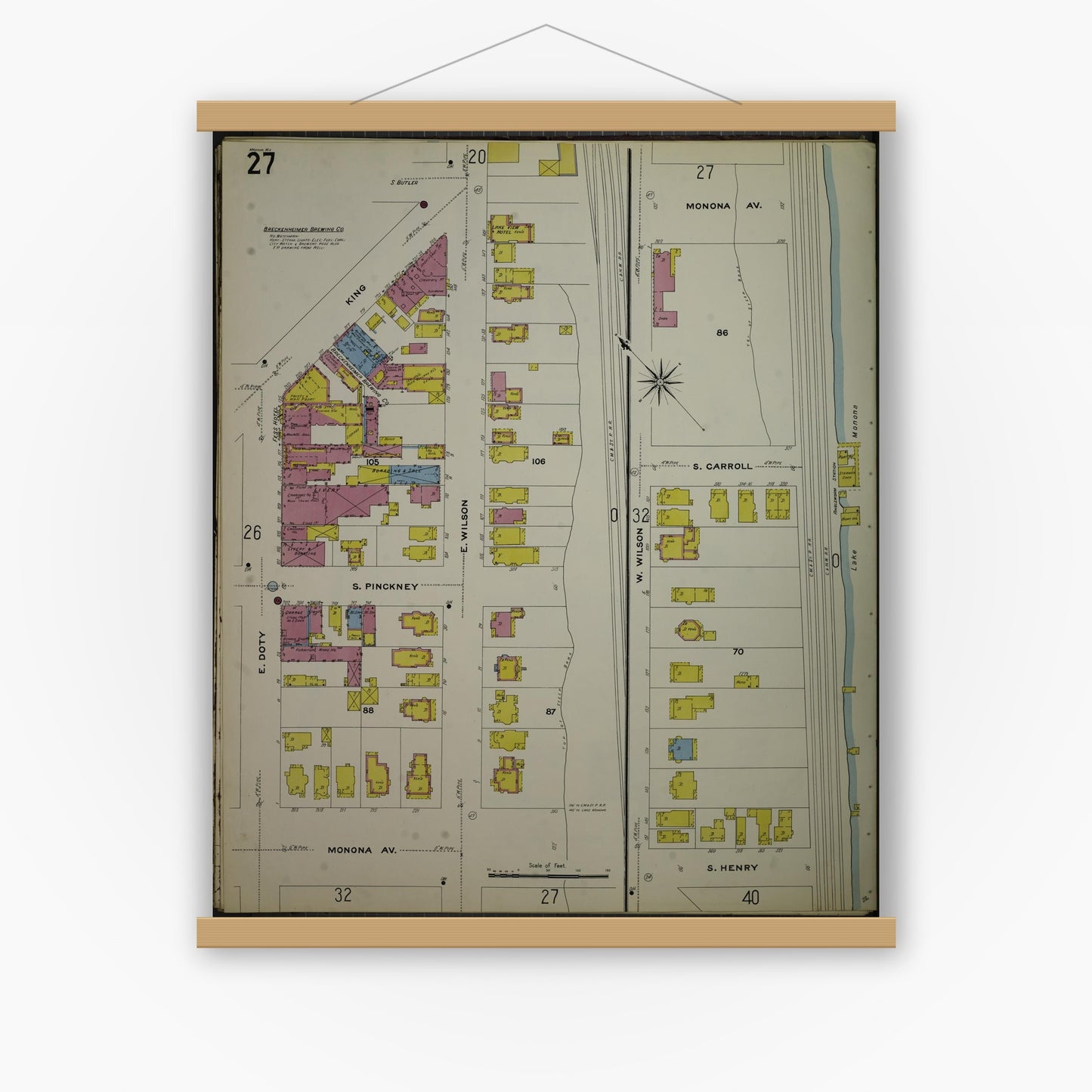 Old map wall art mockup — magnetic wood frame on white wall — Sanborn Fire Insurance Map from Madison, Dane County, Wisconsin (1908), Sheet #0027