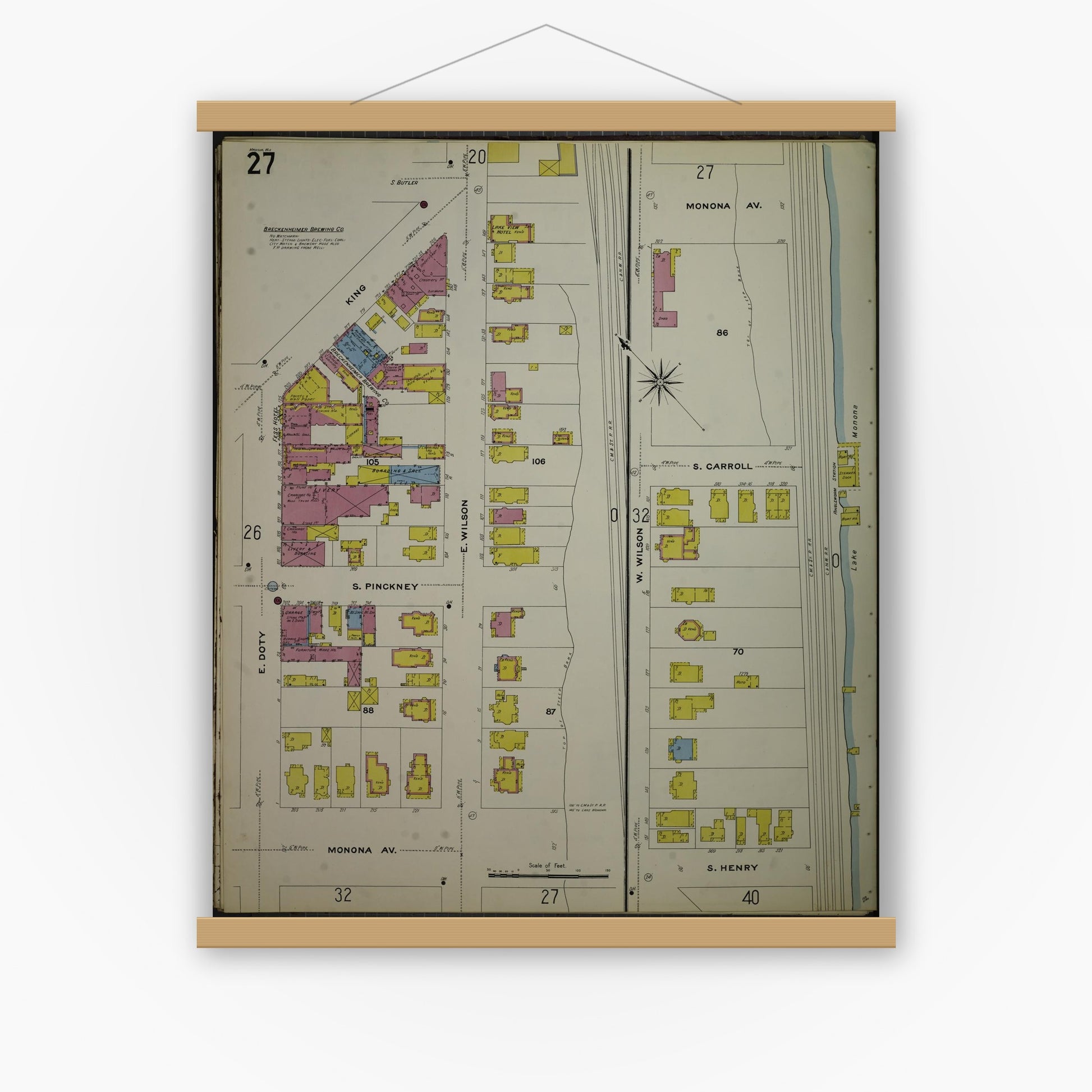 Old map wall art mockup — magnetic wood frame on white wall — Sanborn Fire Insurance Map from Madison, Dane County, Wisconsin (1908), Sheet #0027