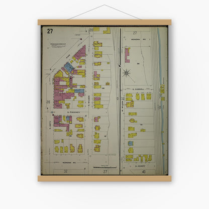 Old map wall art mockup — magnetic wood frame on white wall — Sanborn Fire Insurance Map from Madison, Dane County, Wisconsin (1908), Sheet #0027