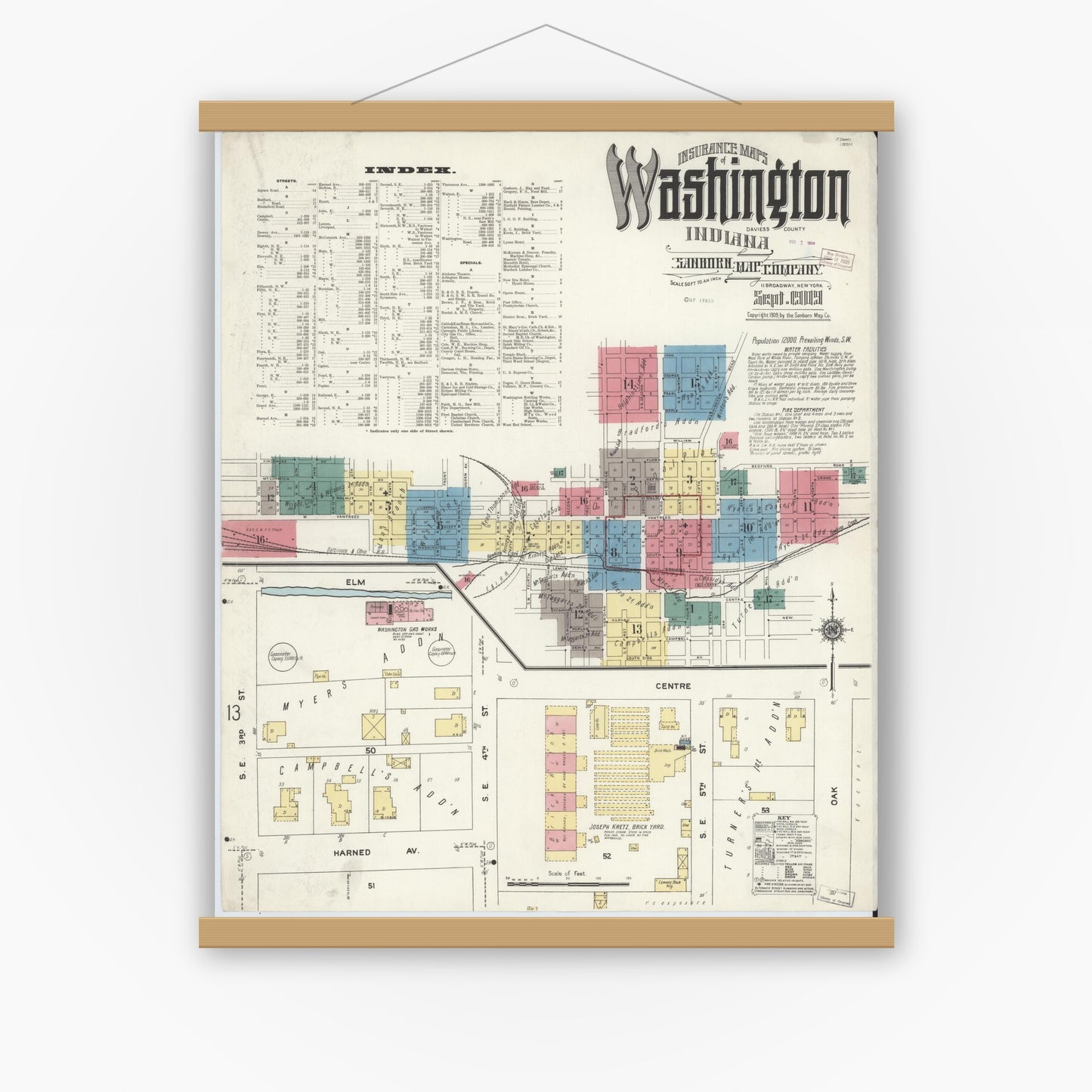 Old map wall art mockup — magnetic wood frame on white wall — Sanborn Fire Insurance Map from Washington, Daviess County, Indiana (1909), Sheet #0001