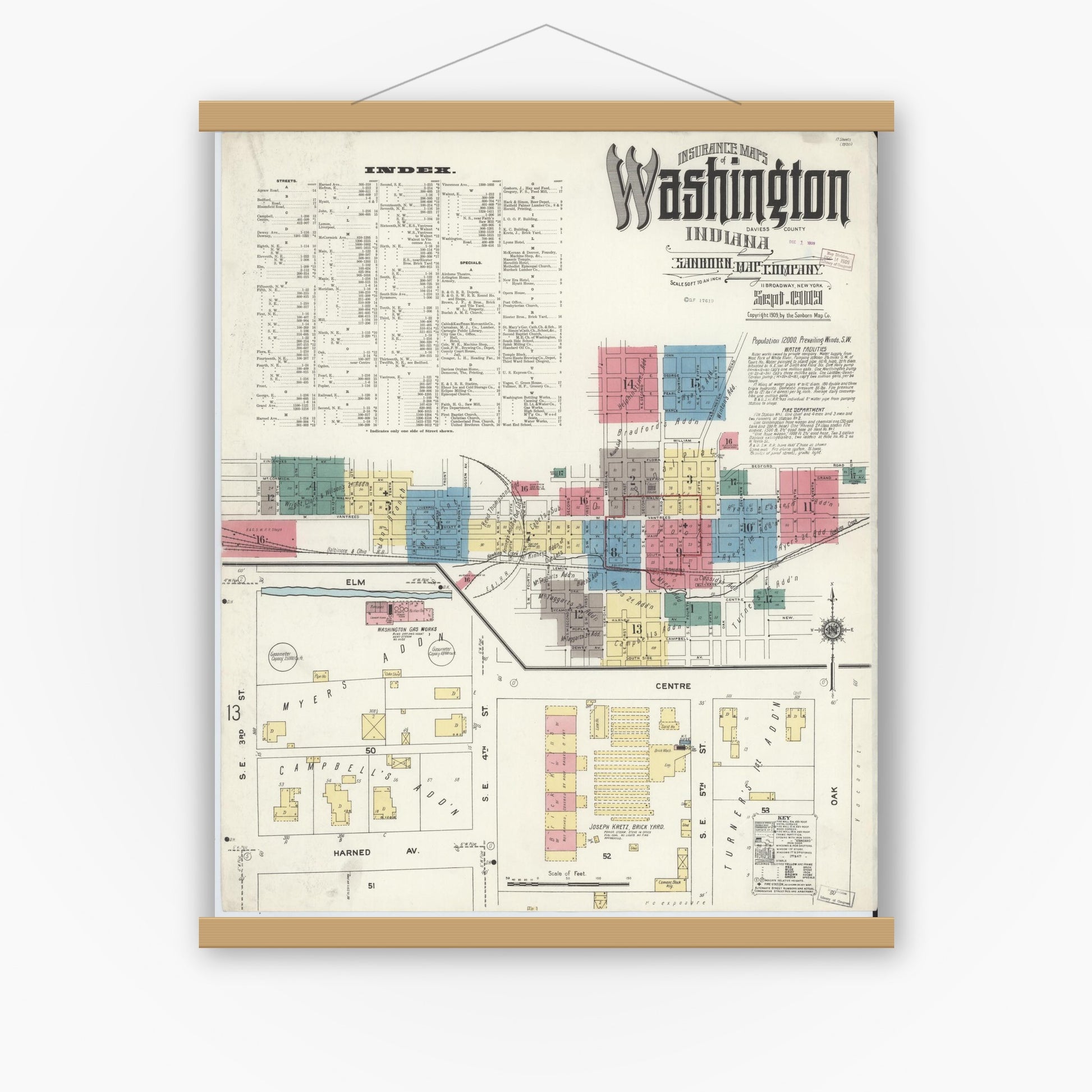 Old map wall art mockup — magnetic wood frame on white wall — Sanborn Fire Insurance Map from Washington, Daviess County, Indiana (1909), Sheet #0001