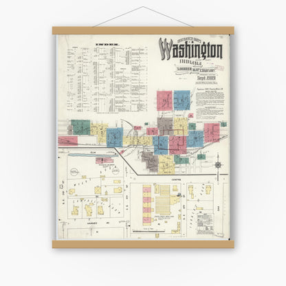 Old map wall art mockup — magnetic wood frame on white wall — Sanborn Fire Insurance Map from Washington, Daviess County, Indiana (1909), Sheet #0001
