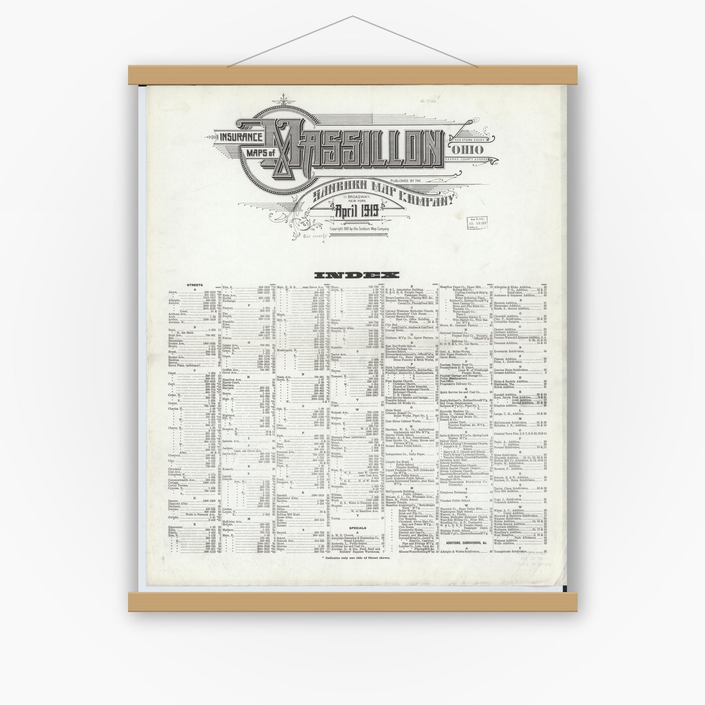 Old map wall art mockup — magnetic wood frame on white wall — Sanborn Fire Insurance Map from Massillon, Stark County, Ohio (1919), Sheet #0001