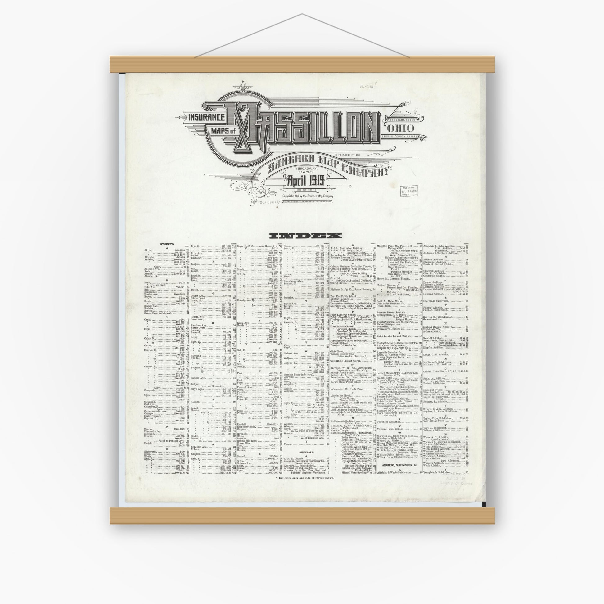 Old map wall art mockup — magnetic wood frame on white wall — Sanborn Fire Insurance Map from Massillon, Stark County, Ohio (1919), Sheet #0001