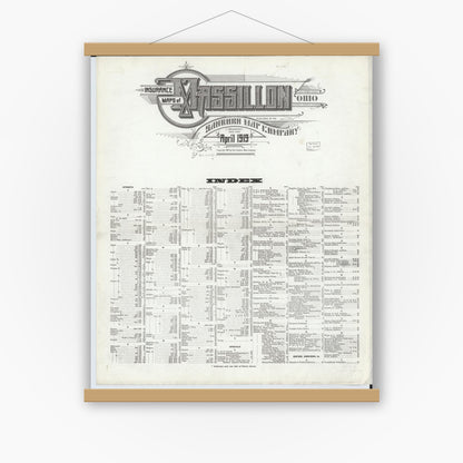 Old map wall art mockup — magnetic wood frame on white wall — Sanborn Fire Insurance Map from Massillon, Stark County, Ohio (1919), Sheet #0001