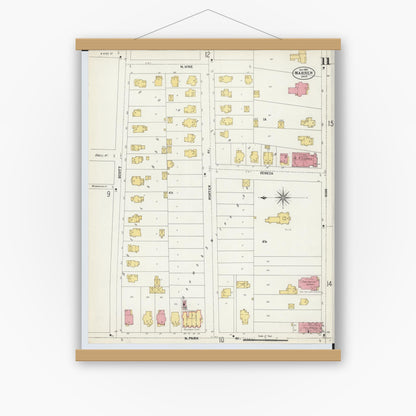 Old map wall art mockup — magnetic wood frame on white wall — Sanborn Fire Insurance Map from Warren, Trumbull County, Ohio (1902), Sheet #0011