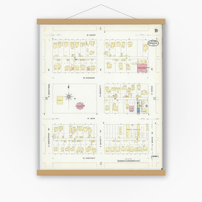 Old map wall art mockup — magnetic wood frame on white wall — Sanborn Fire Insurance Map from Denison, Grayson County, Texas (1908), Sheet #0009