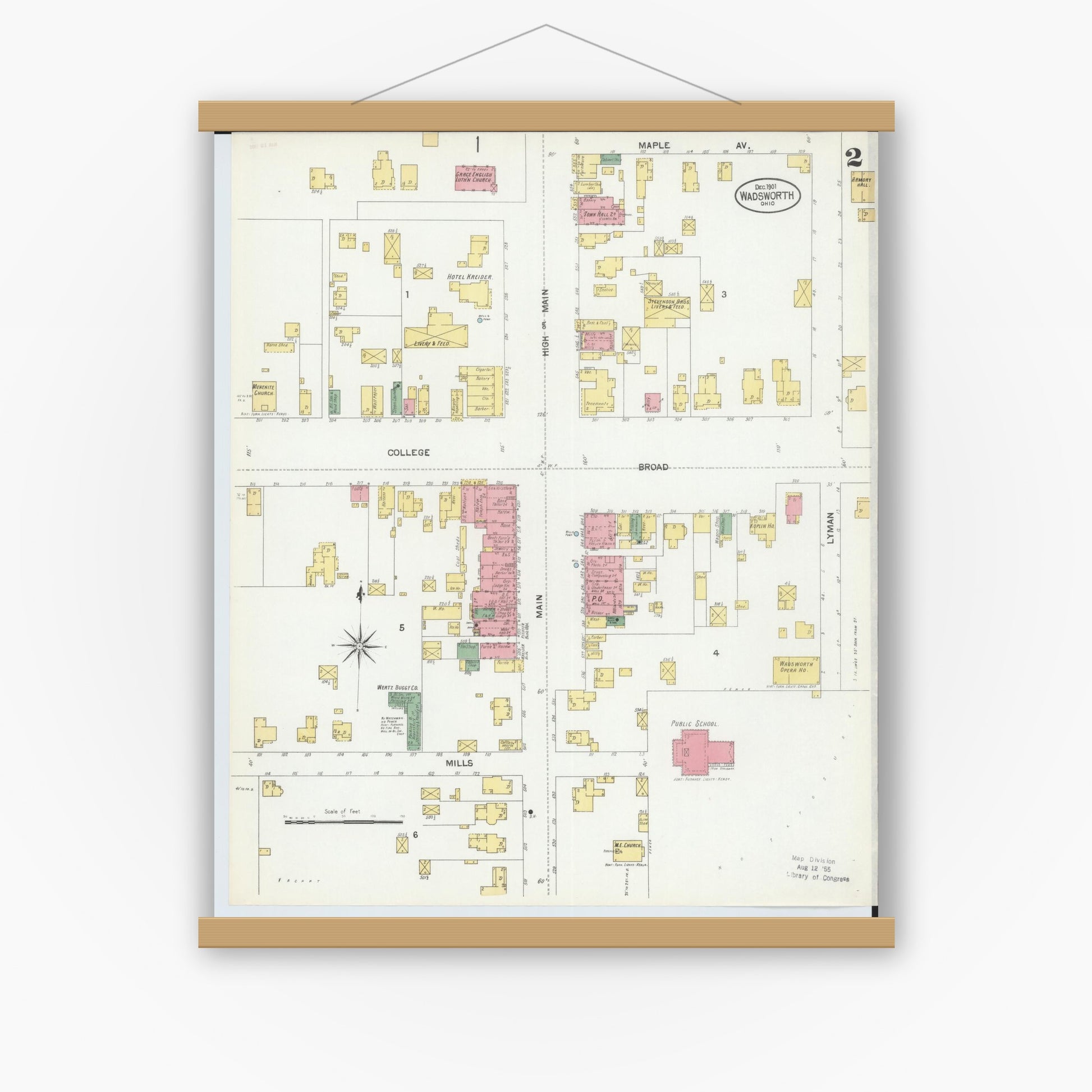 Old map wall art mockup — magnetic wood frame on white wall — Sanborn Fire Insurance Map from Wadsworth, Medina County, Ohio (1901), Sheet #0002