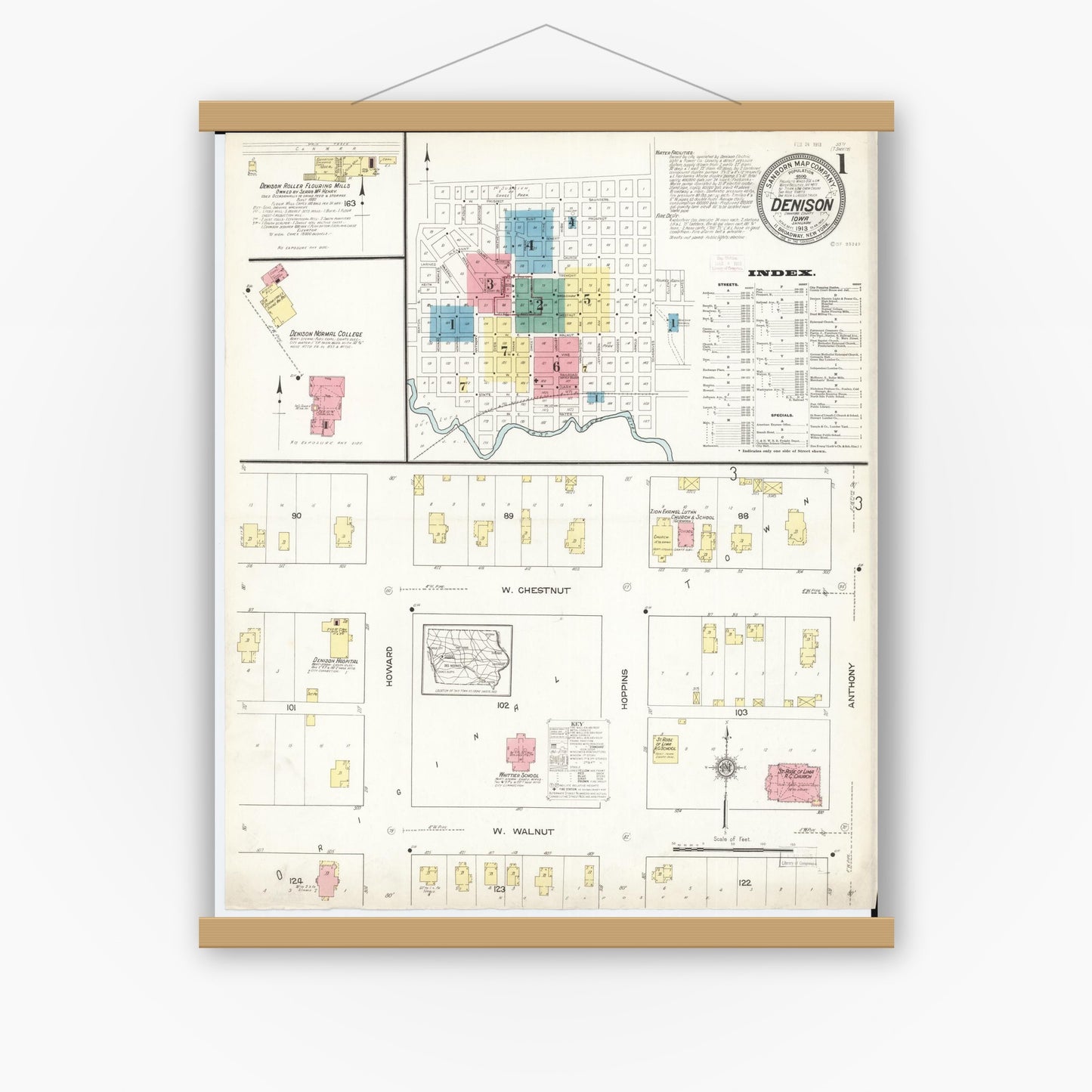 Old map wall art mockup — magnetic wood frame on white wall — Sanborn Fire Insurance Map from Denison, Crawford County, Iowa (1913), Sheet #0001