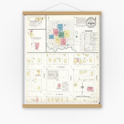 Old map wall art mockup — magnetic wood frame on white wall — Sanborn Fire Insurance Map from Denison, Crawford County, Iowa (1913), Sheet #0001