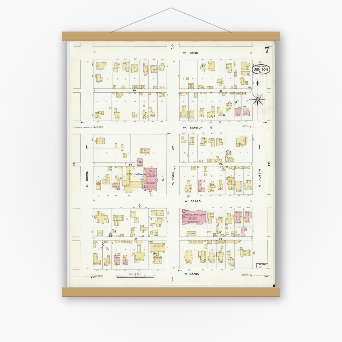 Old map wall art mockup — magnetic wood frame on white wall — Sanborn Fire Insurance Map from Denison, Grayson County, Texas (1908), Sheet #0007