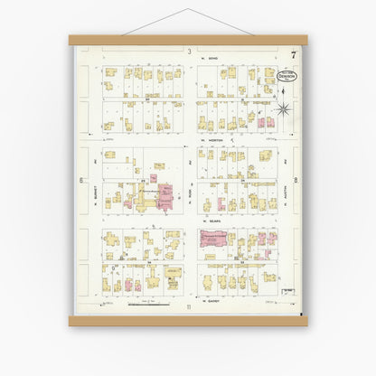 Old map wall art mockup — magnetic wood frame on white wall — Sanborn Fire Insurance Map from Denison, Grayson County, Texas (1908), Sheet #0007