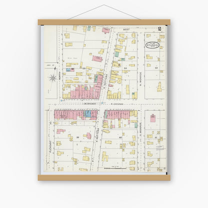 Old map wall art mockup — magnetic wood frame on white wall — Sanborn Fire Insurance Map from Sturgis, Saint Joseph County, Michigan (1892), Sheet #0002