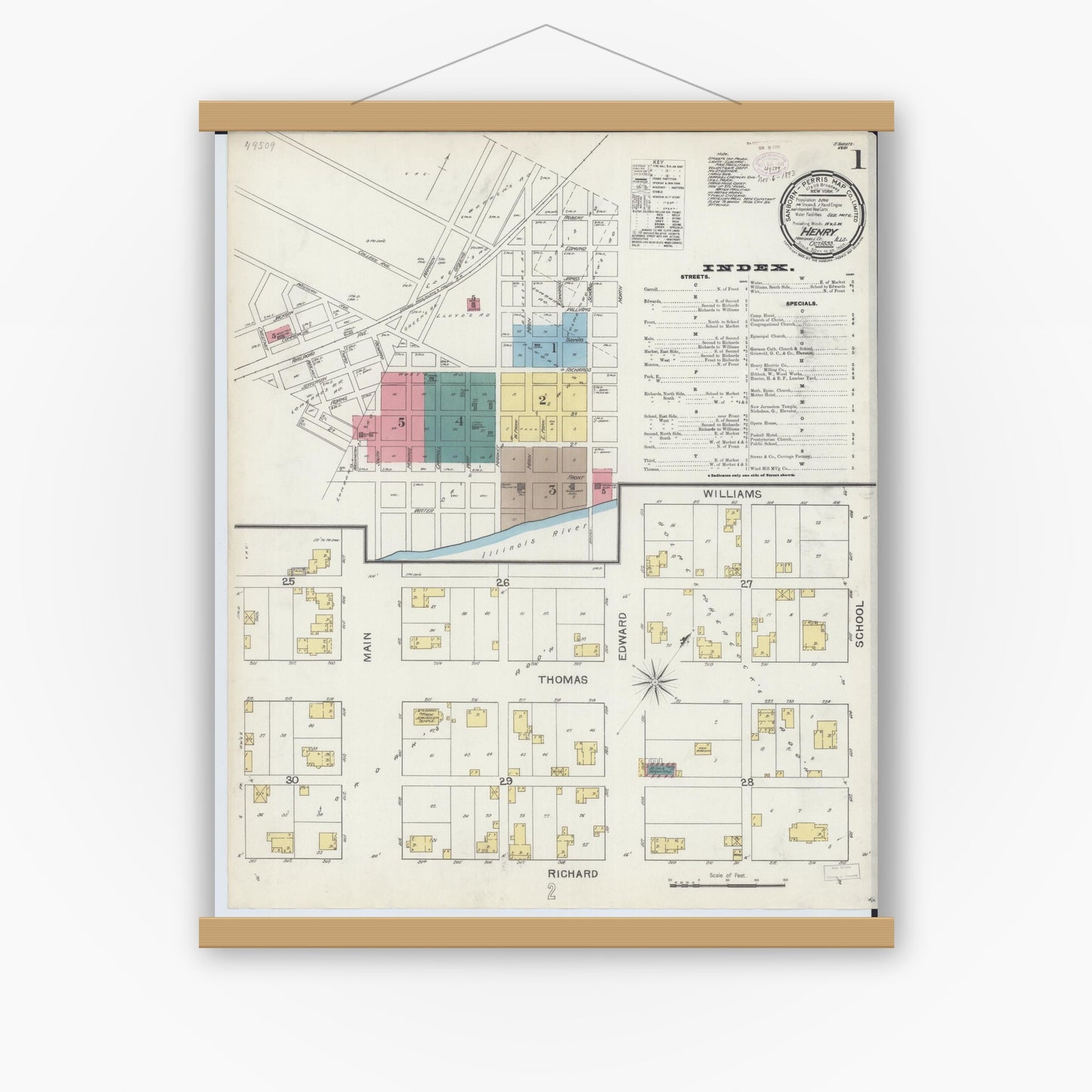 Old map wall art mockup — magnetic wood frame on white wall — Sanborn Fire Insurance Map from Henry, Marshall County, Illinois (1893) - Complete Map Set