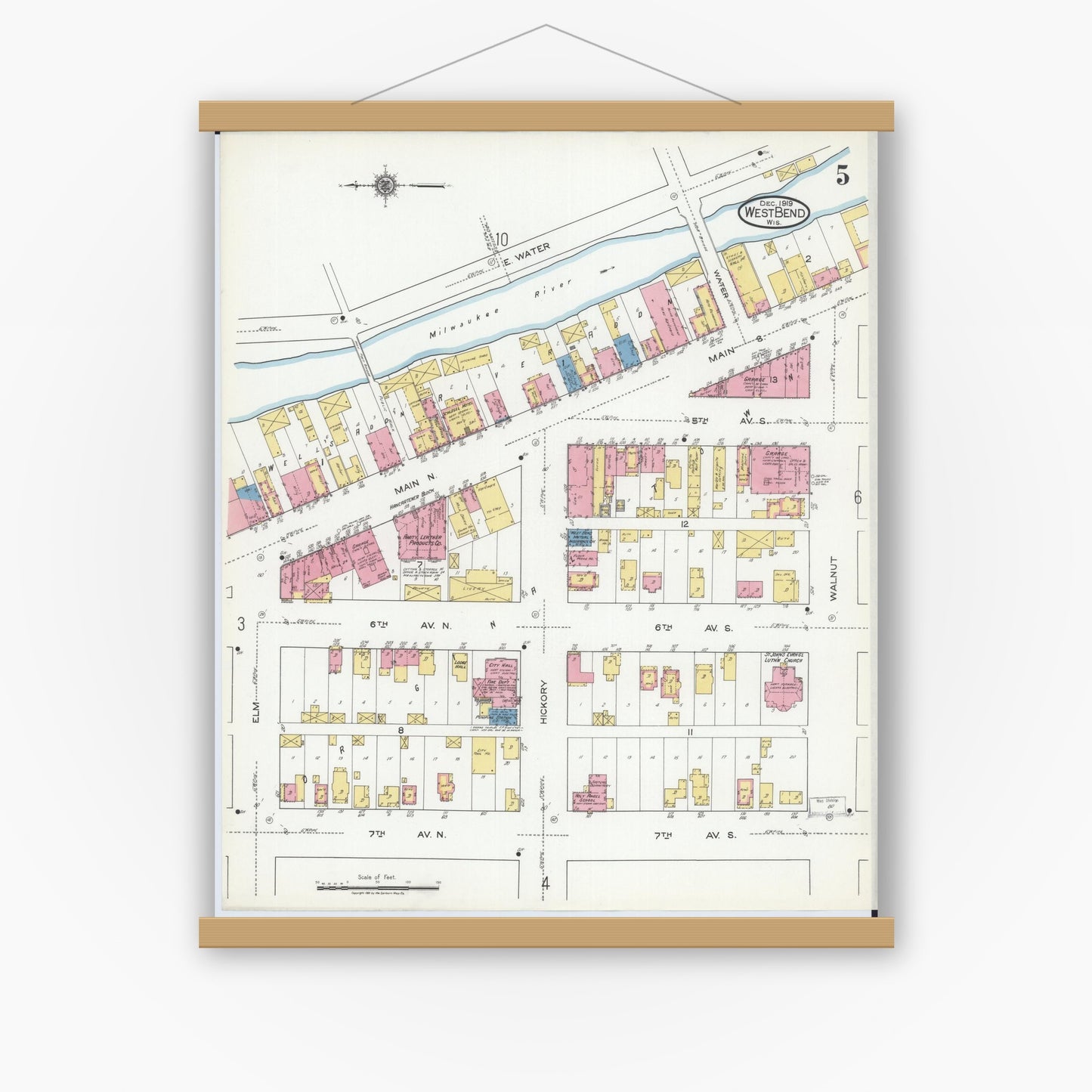 Old map wall art mockup — magnetic wood frame on white wall — Sanborn Fire Insurance Map from West Bend, Washington County, Wisconsin (1919), Sheet #0005